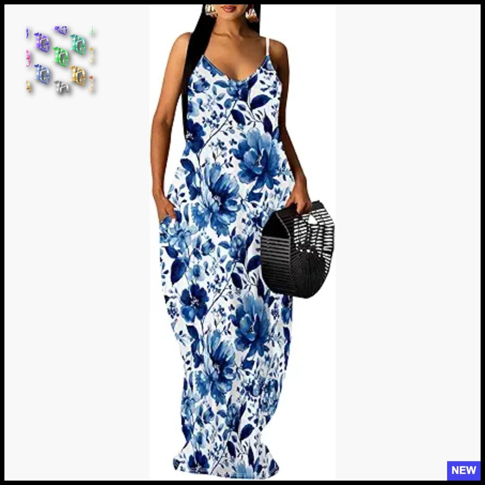 Floral Maxi Sundress Spaghetti Strap Boho Beach Dress With Pockets